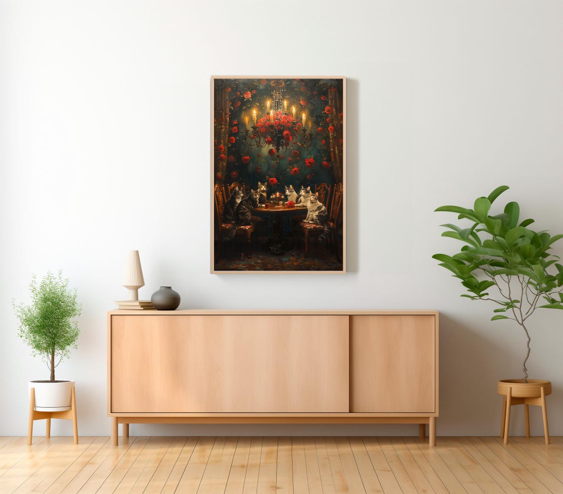 Cats Seated Around a Table Under a Rose Candelabra Chandelier Poster - Image 2