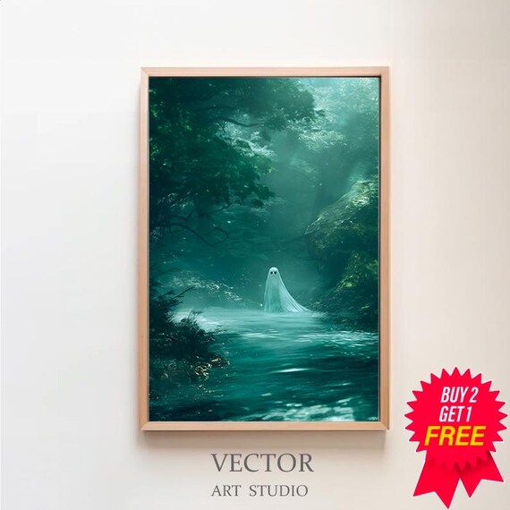 Lone Ghost Floating Over Glowing Teal Lake In Dark Forest Halloween Poster