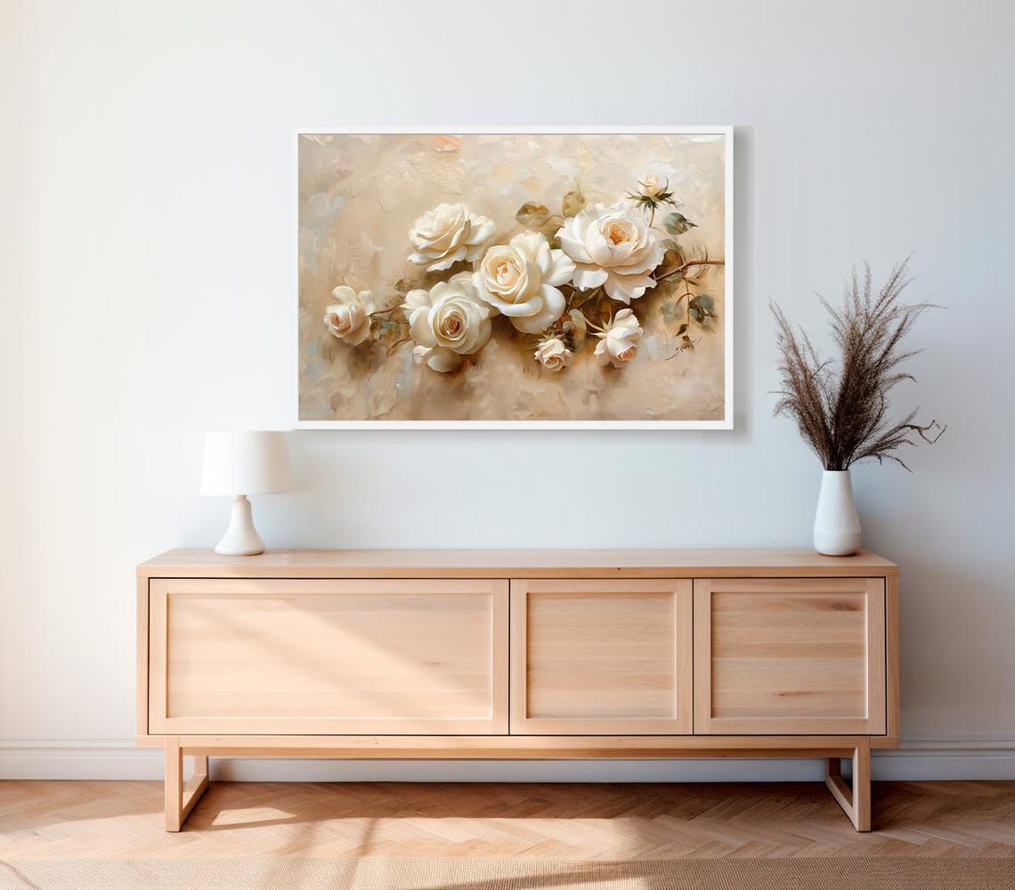 Dreamy White Roses With Buds Soft Neutral Vintage Floral Wall Art - Image 2