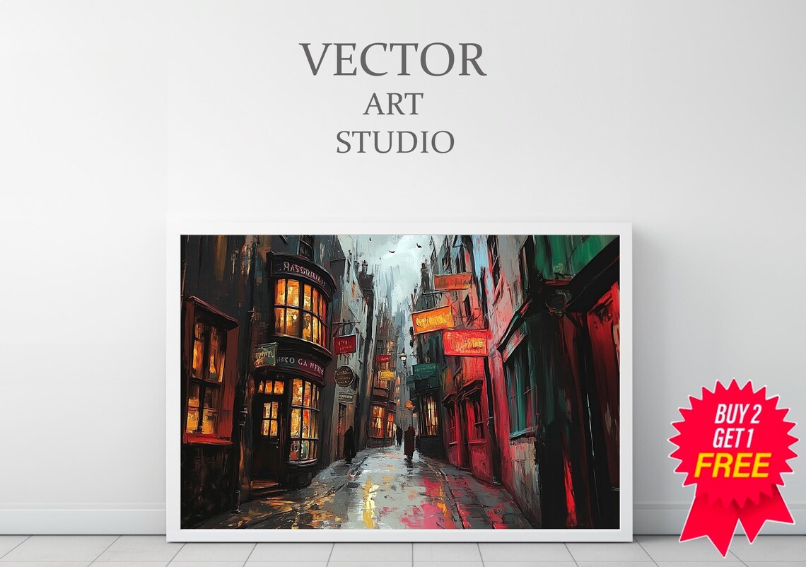 Rainy Magical Alley At Night With Glowing Shopfronts Oil Poster - Image 3