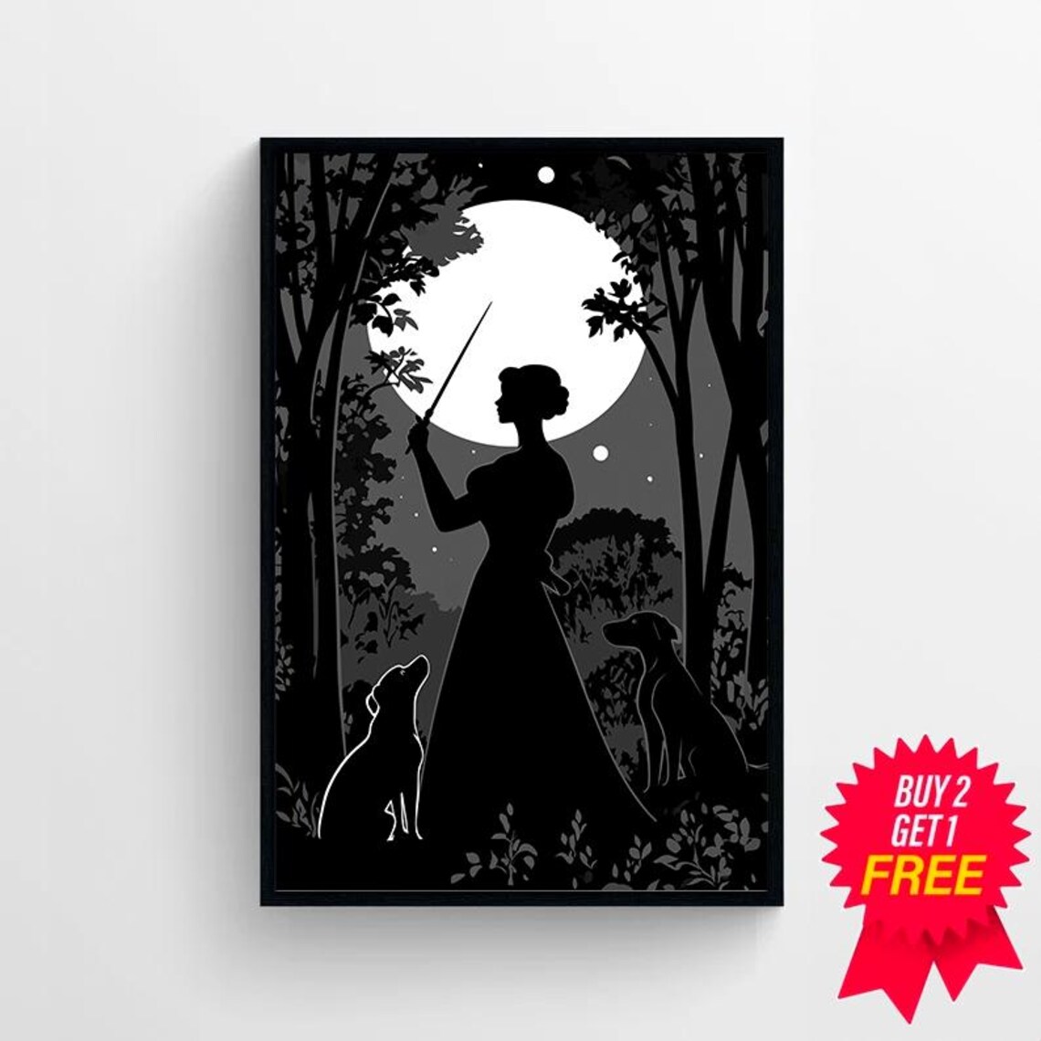 Hecate Moon Witch Silhouette Raising Torch Night Forest Art Poster - Image 4