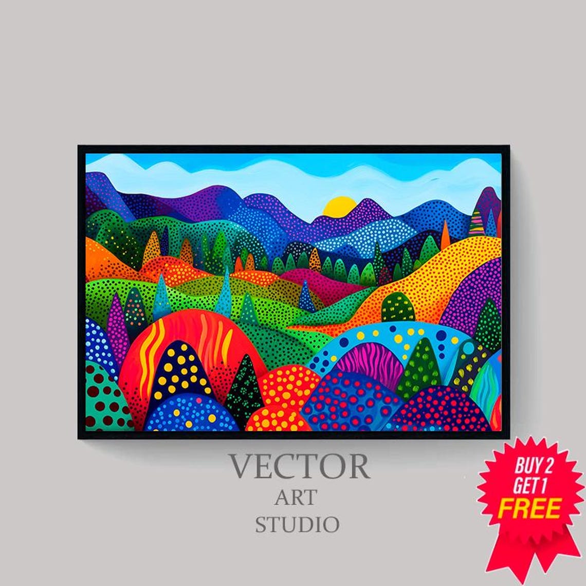 Colorful Dotted Mountains Dot Painting Style Landscape Poster - Image 4