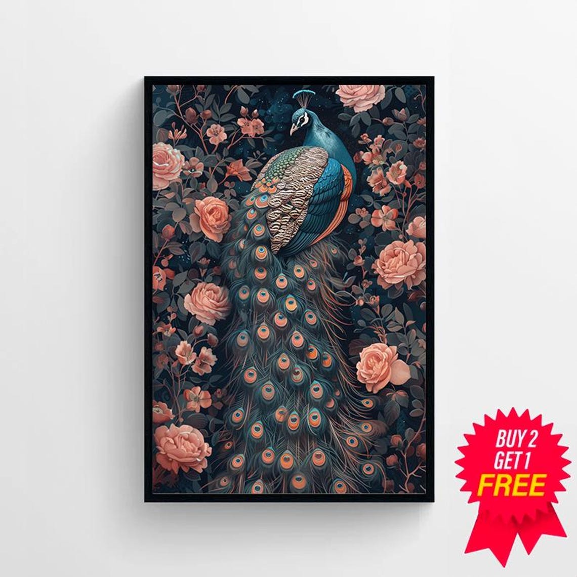 Peacock with Flowing Tail Feathers in a Pink Rose Garden Art Poster - Image 4