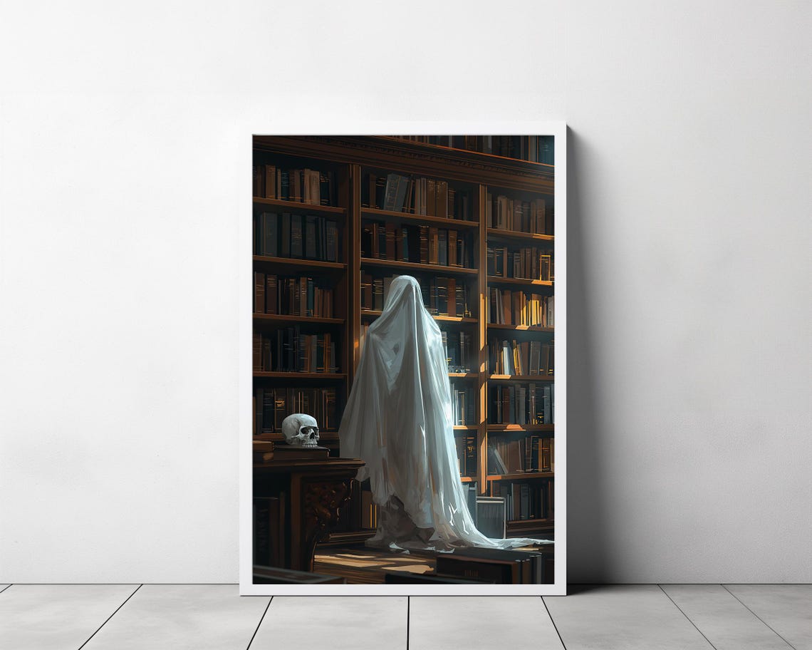 Ghost Browsing Dark Library Bookshelves With Skull Dark Art Poster - Image 3