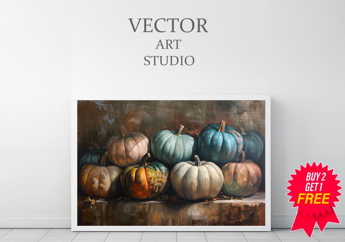 Blue And Cream Heirloom Pumpkin Harvest Pile Still Life Poster - Image 3