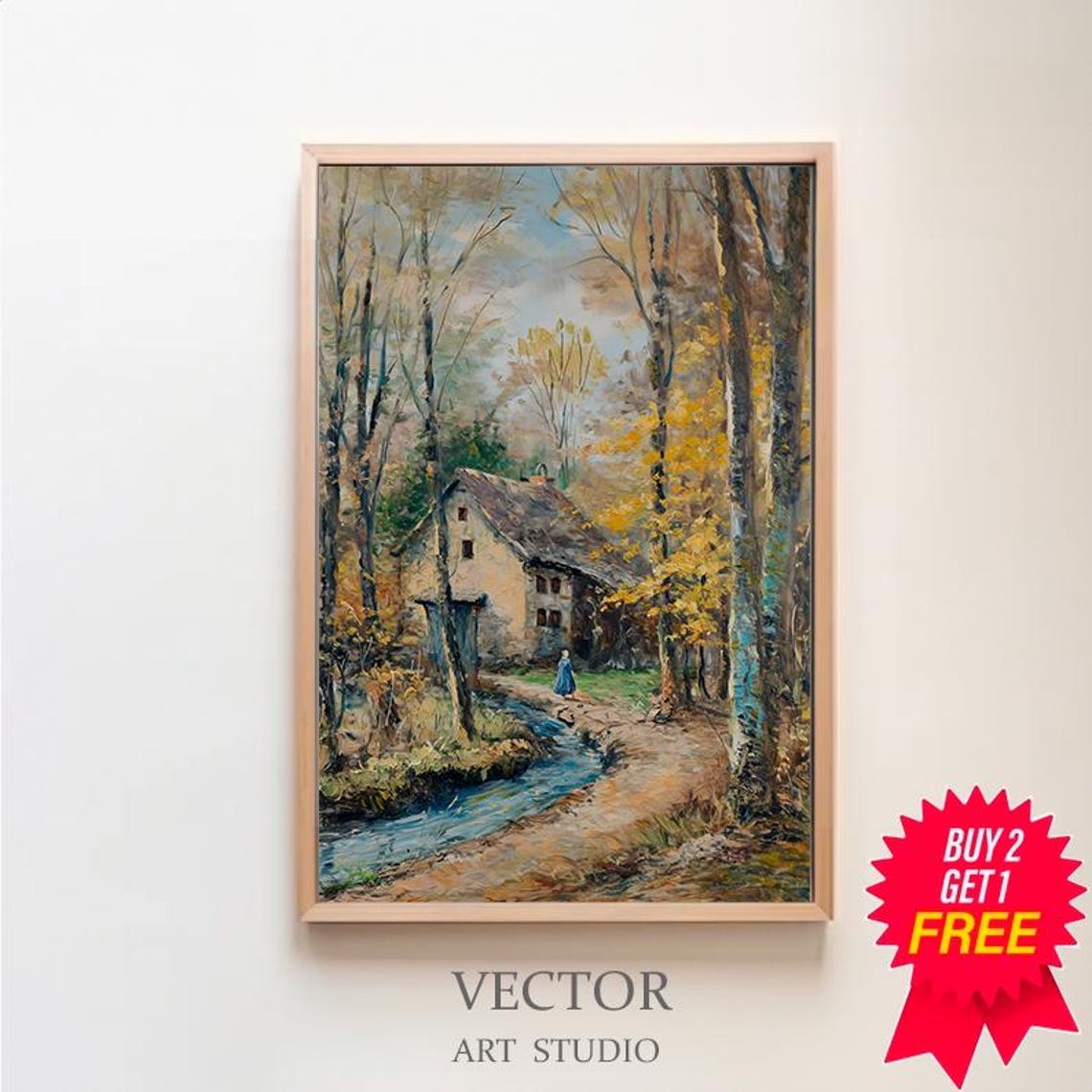 Autumn Cottage by a Forest Stream Impressionist Oil Painting Poster