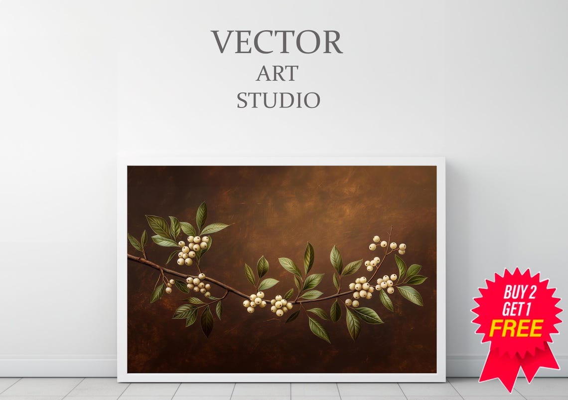 White Berries on Dark Branch Vintage Botanical Still Life Wall Art - Image 3