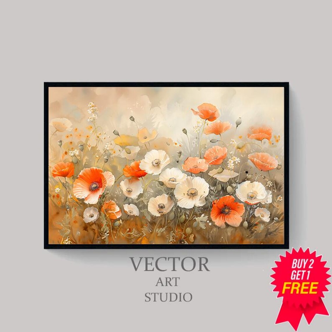 Coral Poppies Wildflower Meadow Soft Watercolor Floral Poster - Image 4