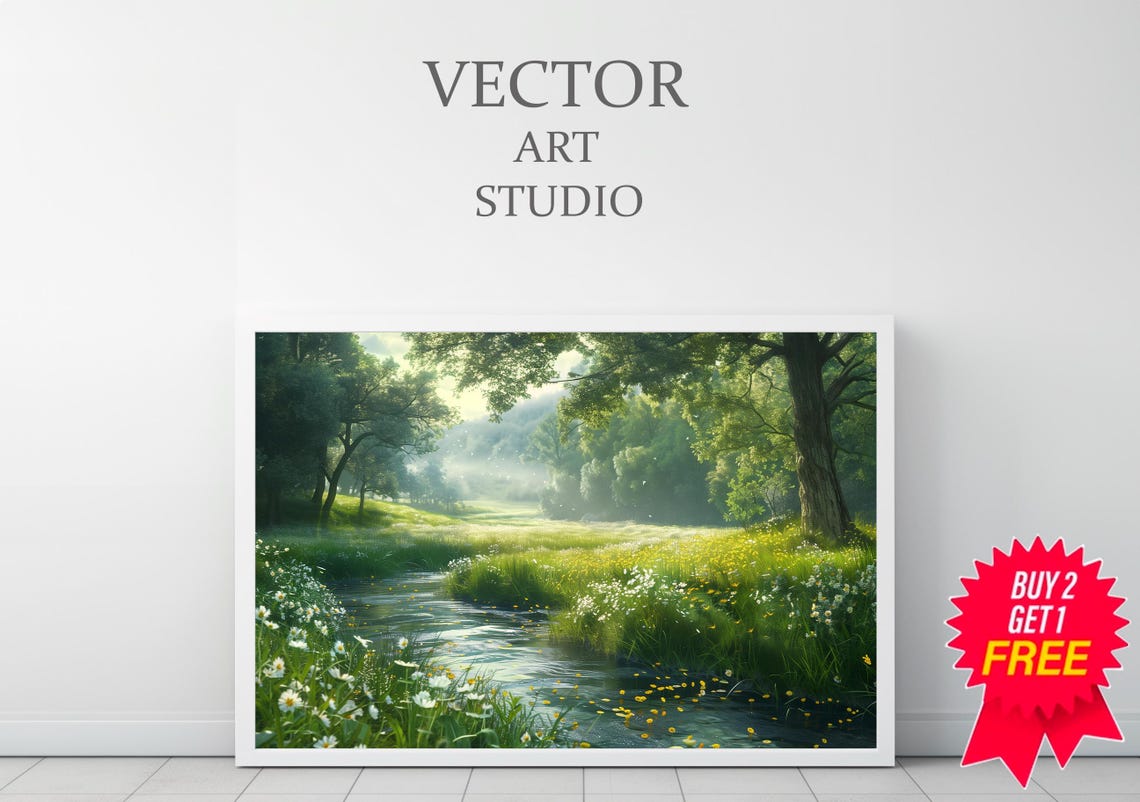 Misty River Meadow At Dawn With Wildflowers Landscape Art Poster - Image 3