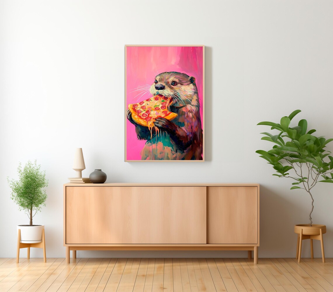 Maximalist Otter Eating Pizza, Oil Painting Poster - Image 2