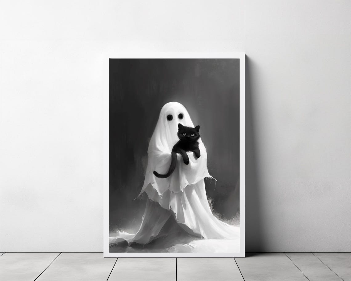 Ghost Hugging A Black Cat Black And White Spooky Cute Art Poster - Image 3