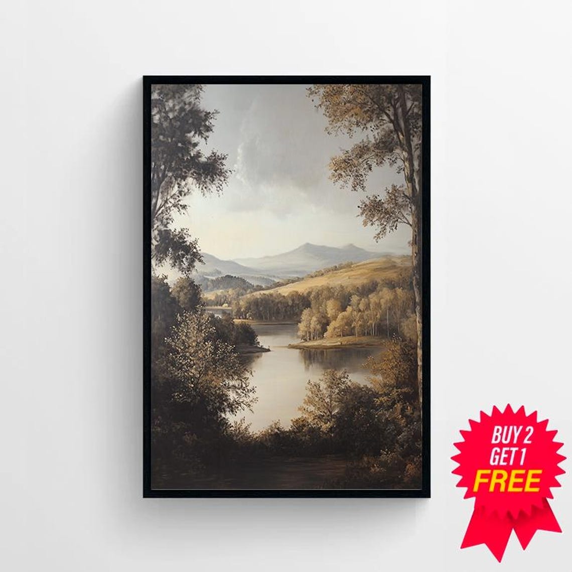 Autumn Lake Framed By Trees Misty Mountain Landscape Art Poster - Image 4