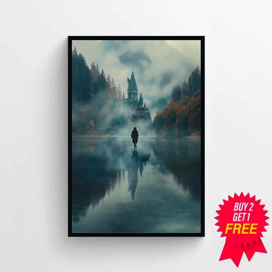 Lone Figure Before Foggy Forest Castle Mirror Lake Fantasy Art Print - Image 4