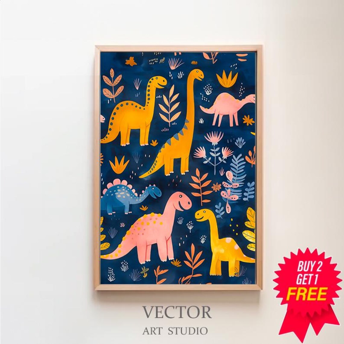 Golden Pink Long Neck Dinosaurs Midnight Navy Kids Room Poster