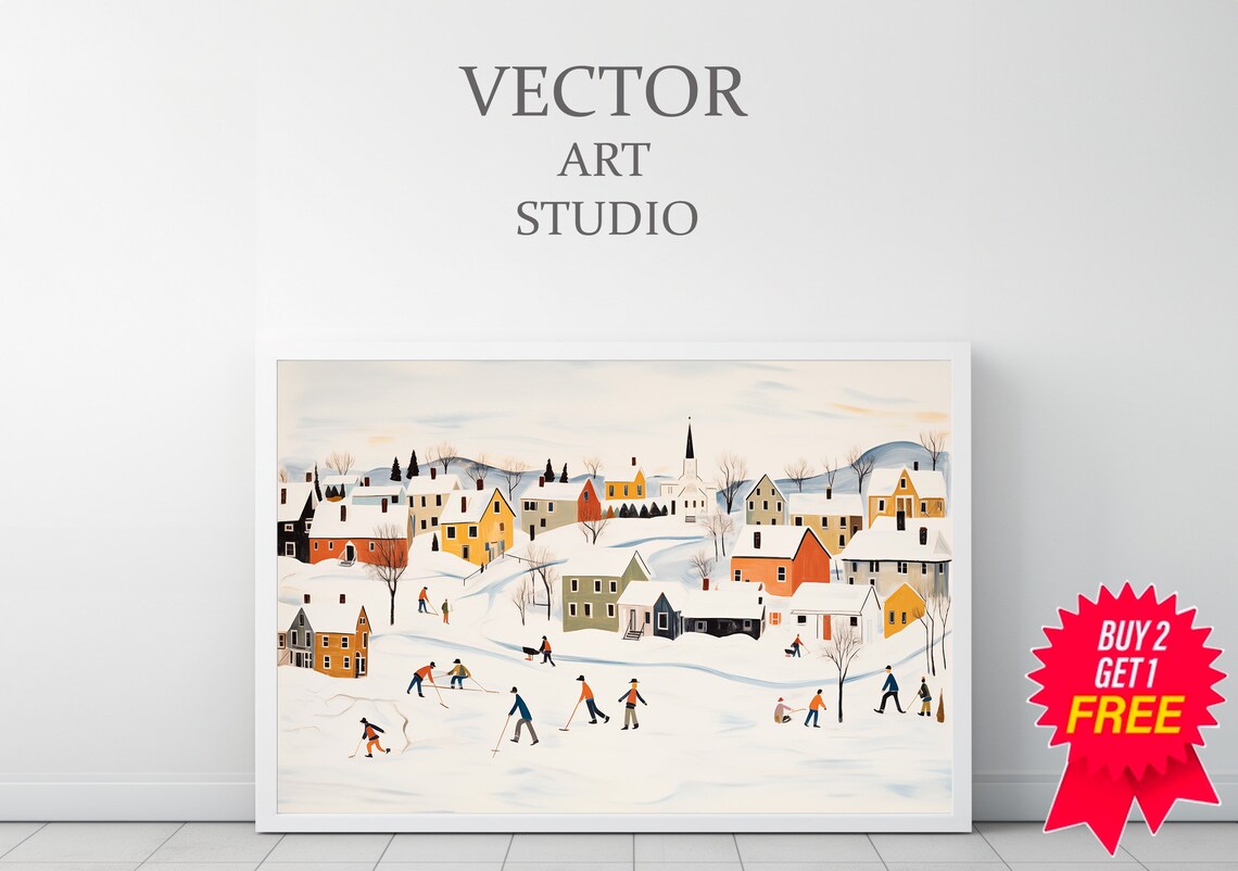 Snowy Village Pond Hockey Game Folk Art Vintage Winter Painting Poster - Image 3