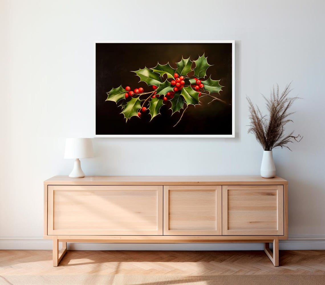 Glossy Holly Leaves And Red Berries On Deep Dark Botanical Poster - Image 2