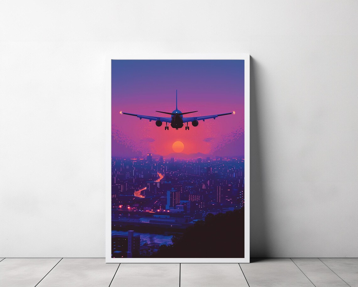 Airplane Over City Sunset Purple Sky Vaporwave Travel Poster - Image 3