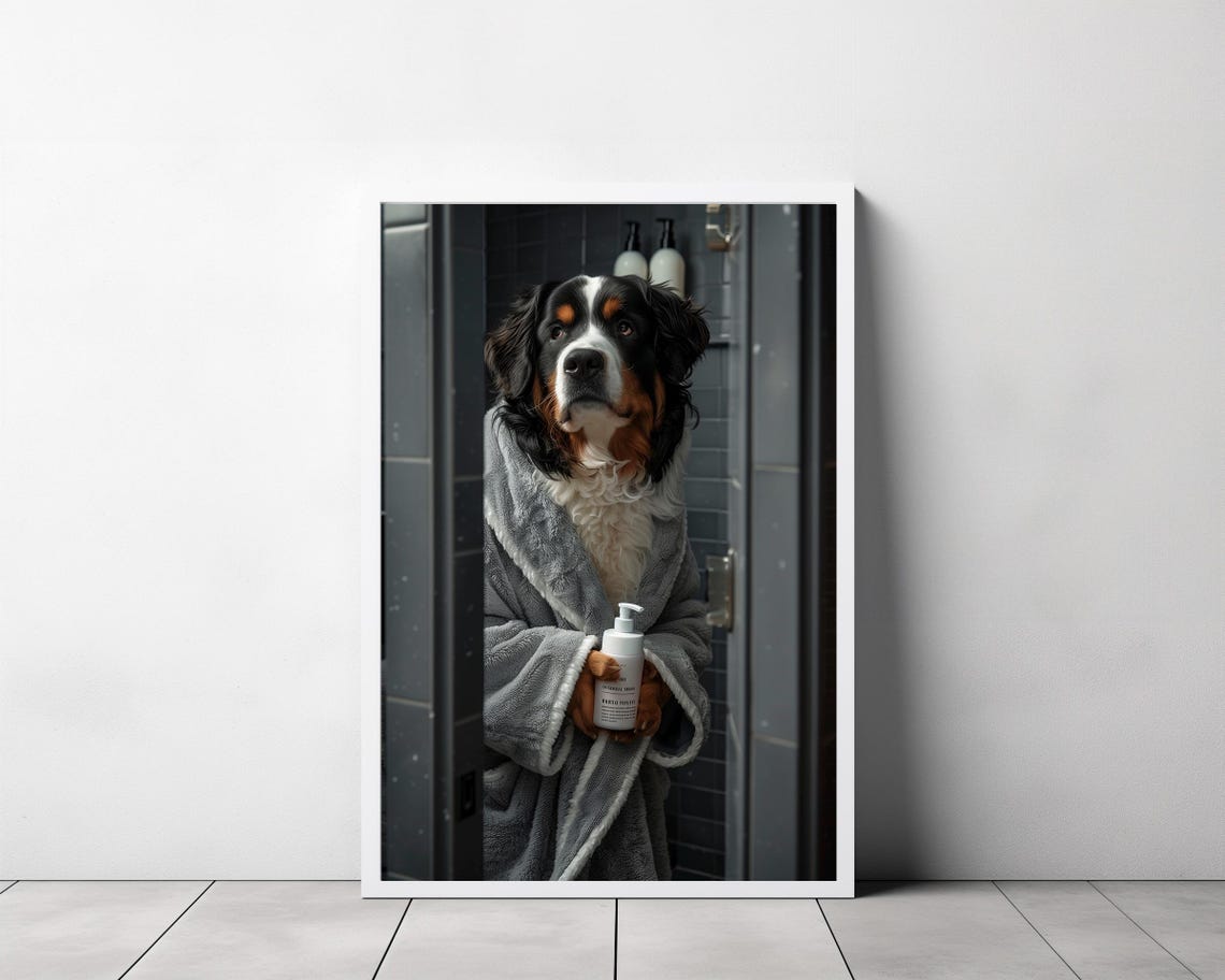 Bernese Mountain Dog in Gray Bathrobe Holding Bottle Funny Poster - Image 3