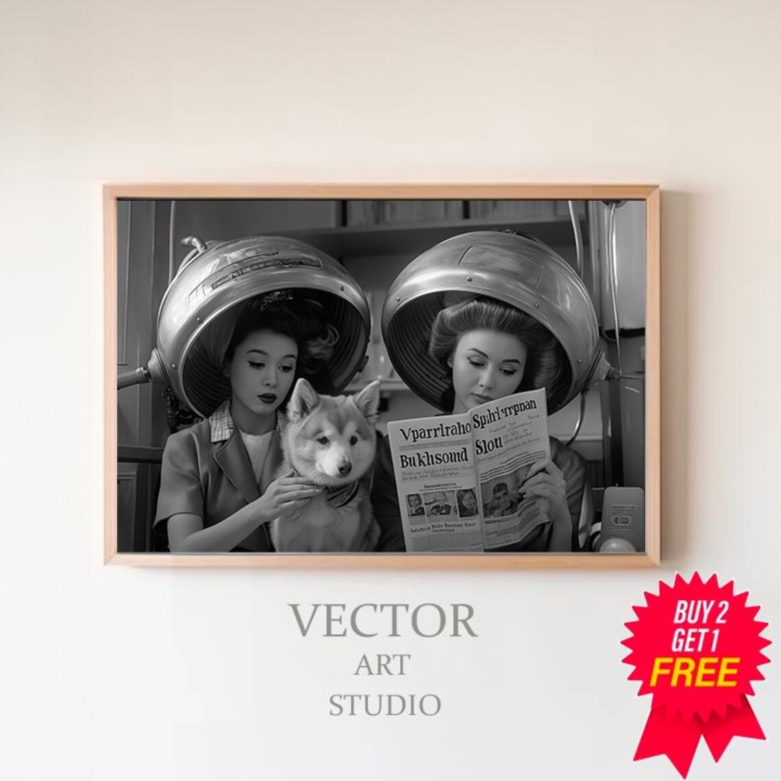 Retro Hair Salon Scene With Two Women and a Dog Vintage Poster