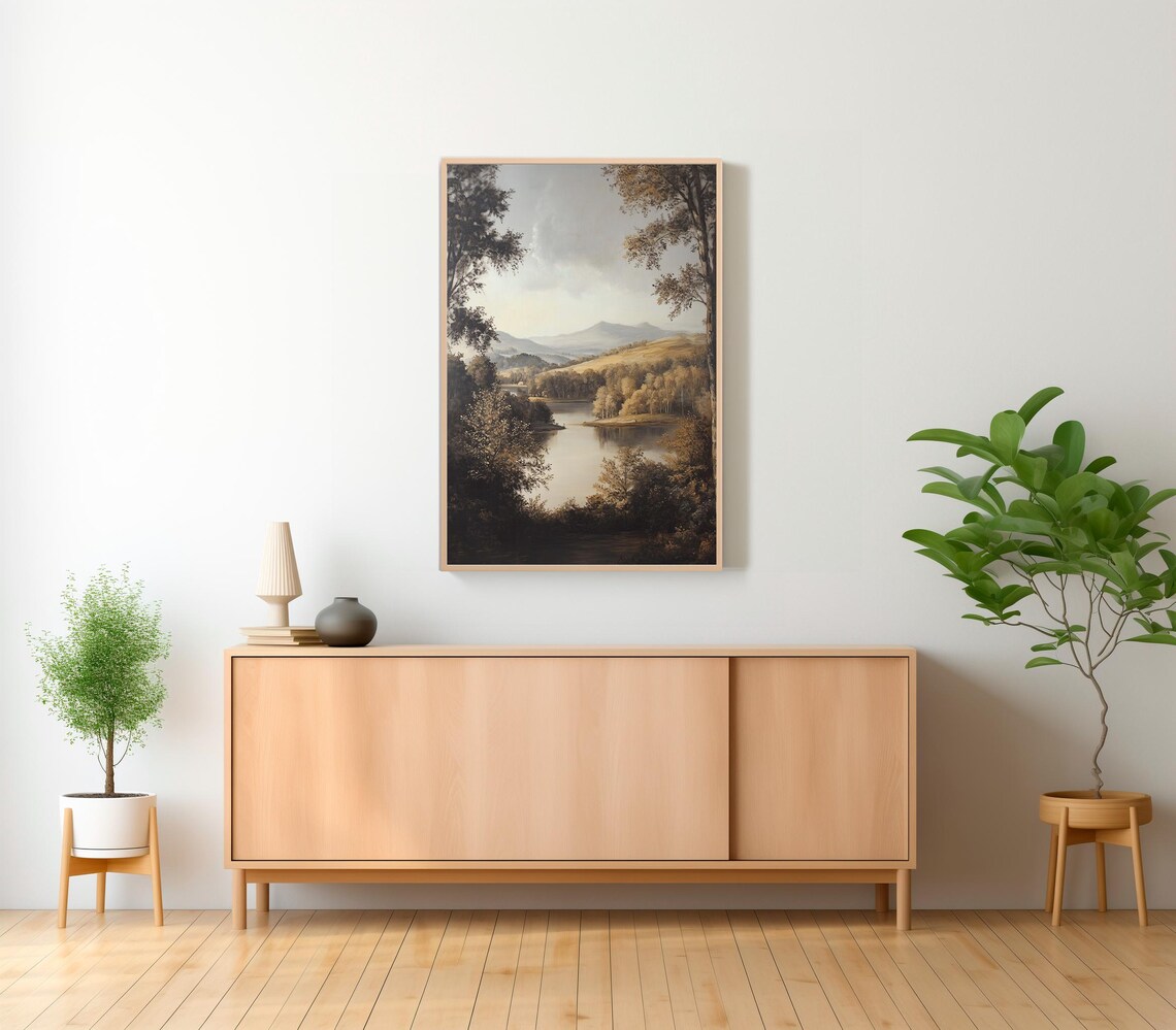Autumn Lake Framed By Trees Misty Mountain Landscape Art Poster - Image 2