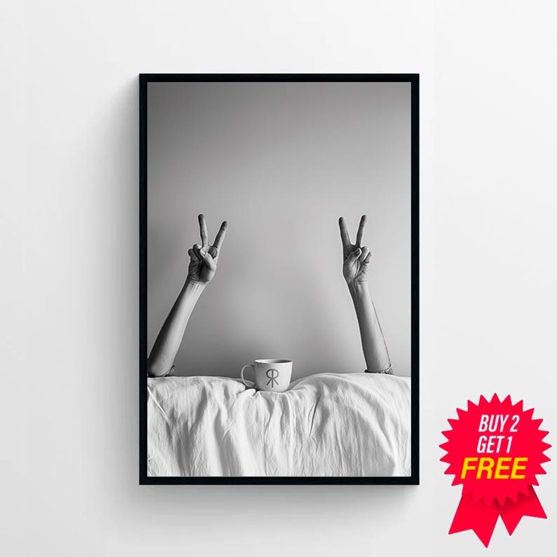 Slow Morning Coffee in Bed Peace Sign Black White Photo Poster - Image 4