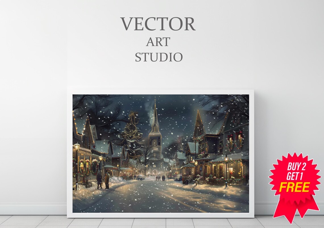 Christmas Village Night Street Snow Church Steeple Lights Poster - Image 3