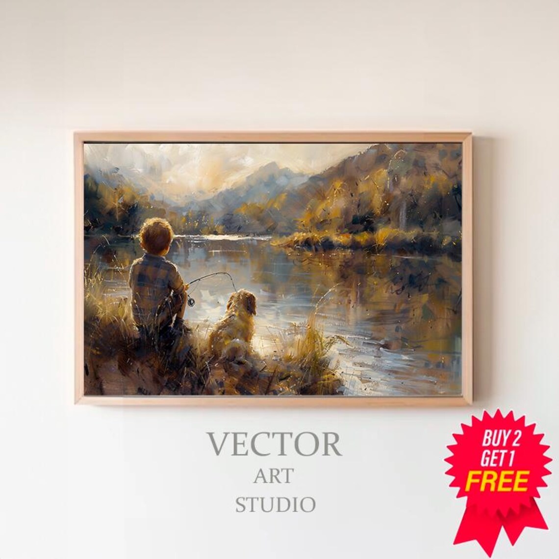 Boy And Golden Dog Fishing Sunlit River Impressionist Painting Poster