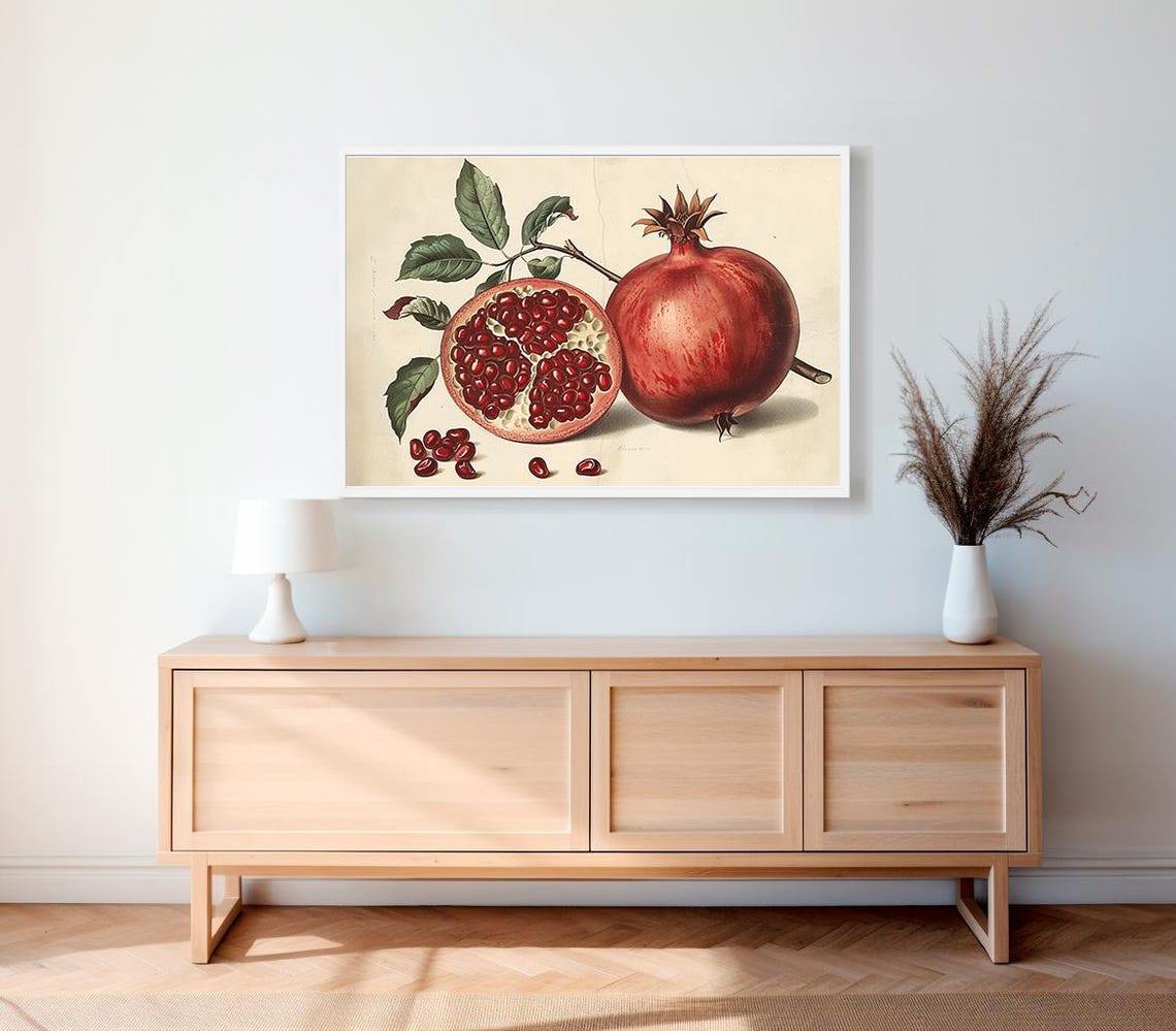 Vintage Red Pomegranate Botanical Whole and Halved Fruit Poster - Image 2