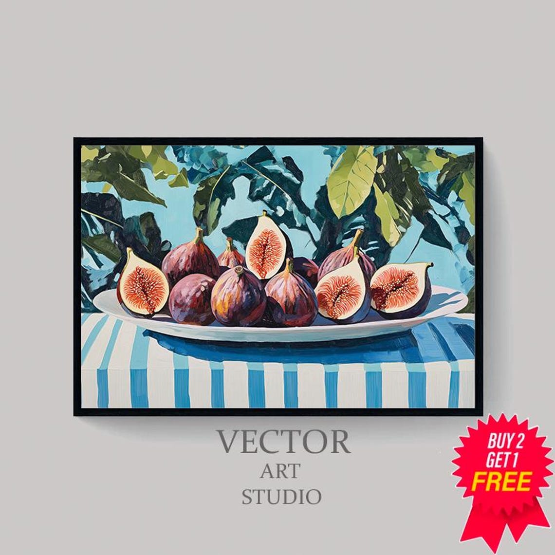 Fig Still Life on Striped Cloth Mediterranean Summer Art Print - Image 4