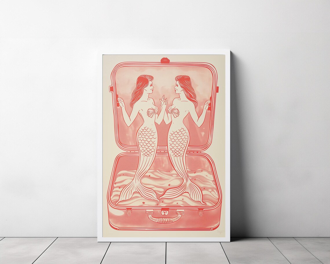 Twin Mermaids in a Pink Sardine Tin Retro Coastal Kitchen Art Poster - Image 3