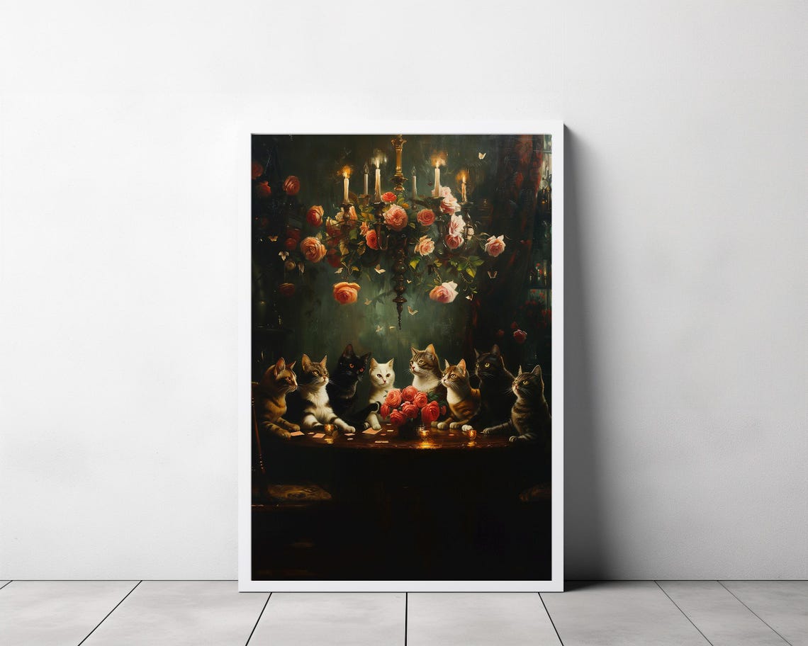 Victorian Cats Gathering Around a Candlelit Dining Table Poster - Image 3