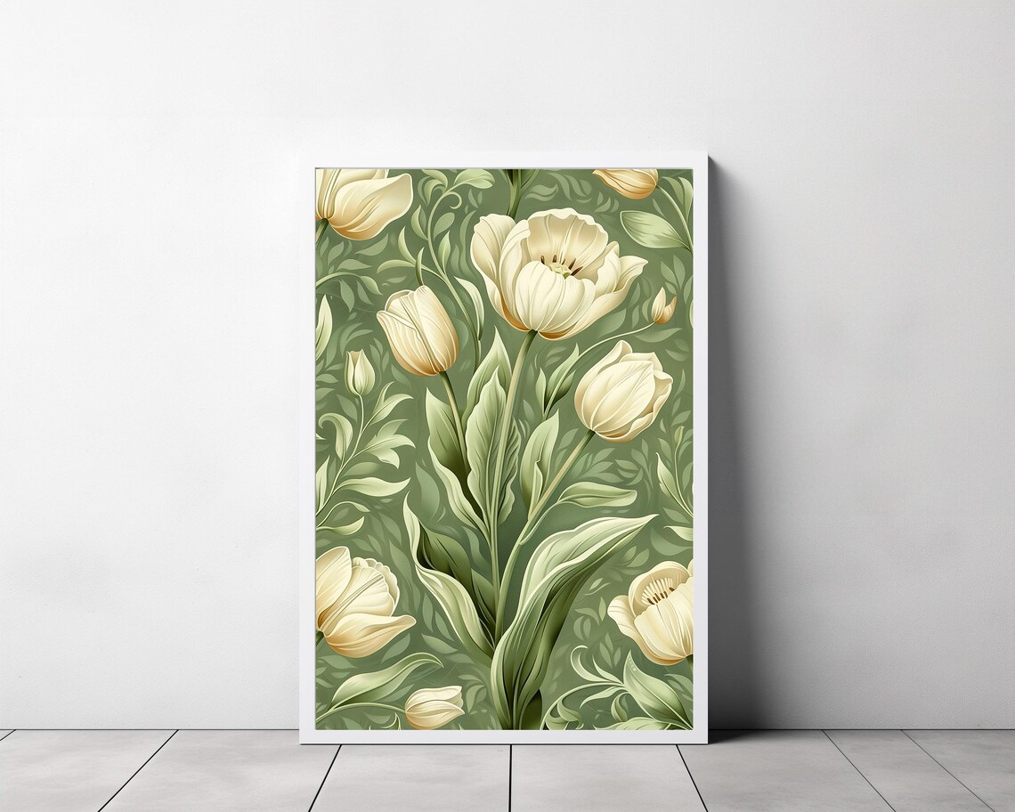 Cream Tulips Art Nouveau Floral Pattern on Sage Green Wall Poster - Image 3