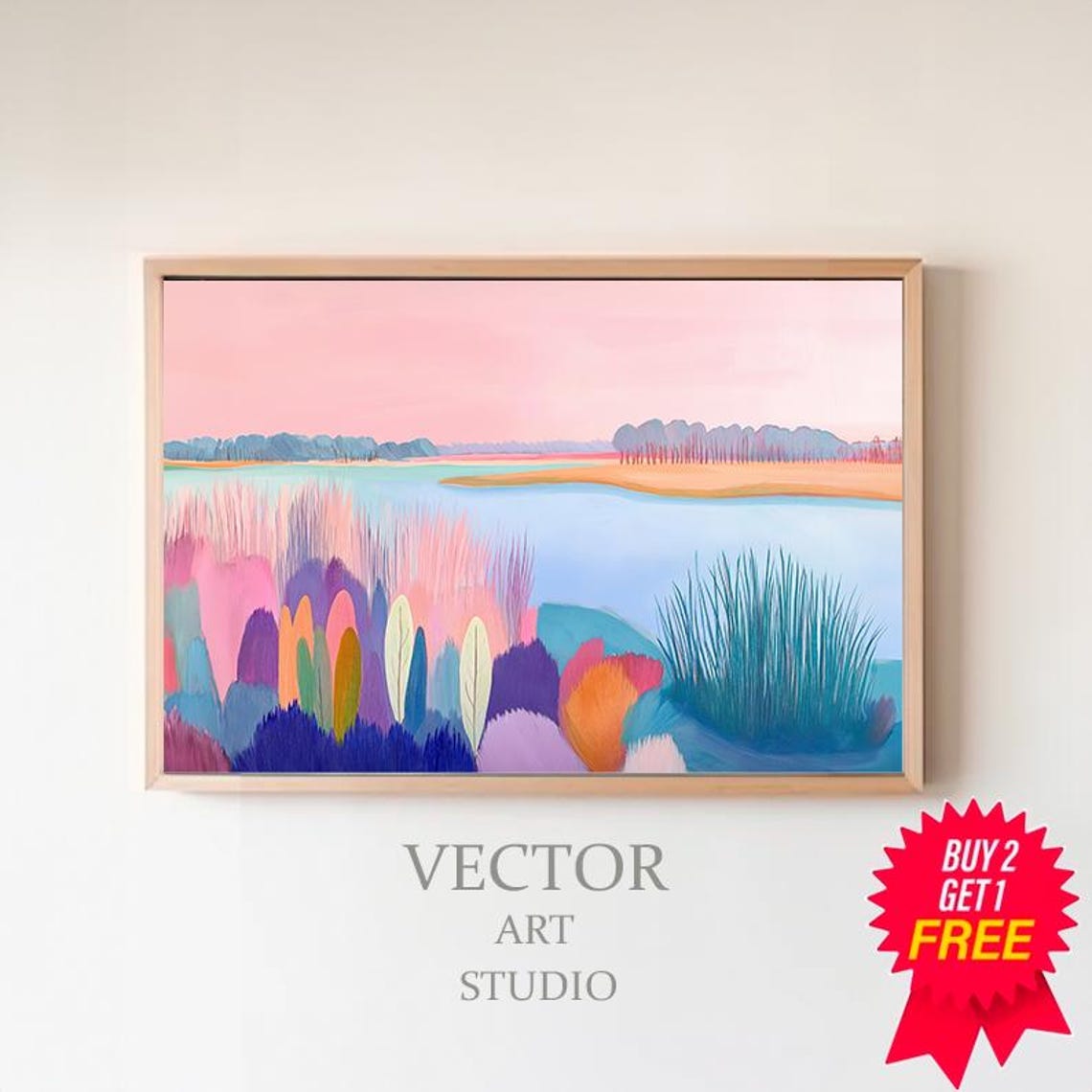 Pink Sunset Over A Pastel Marsh Lake Colorful Abstract Poster