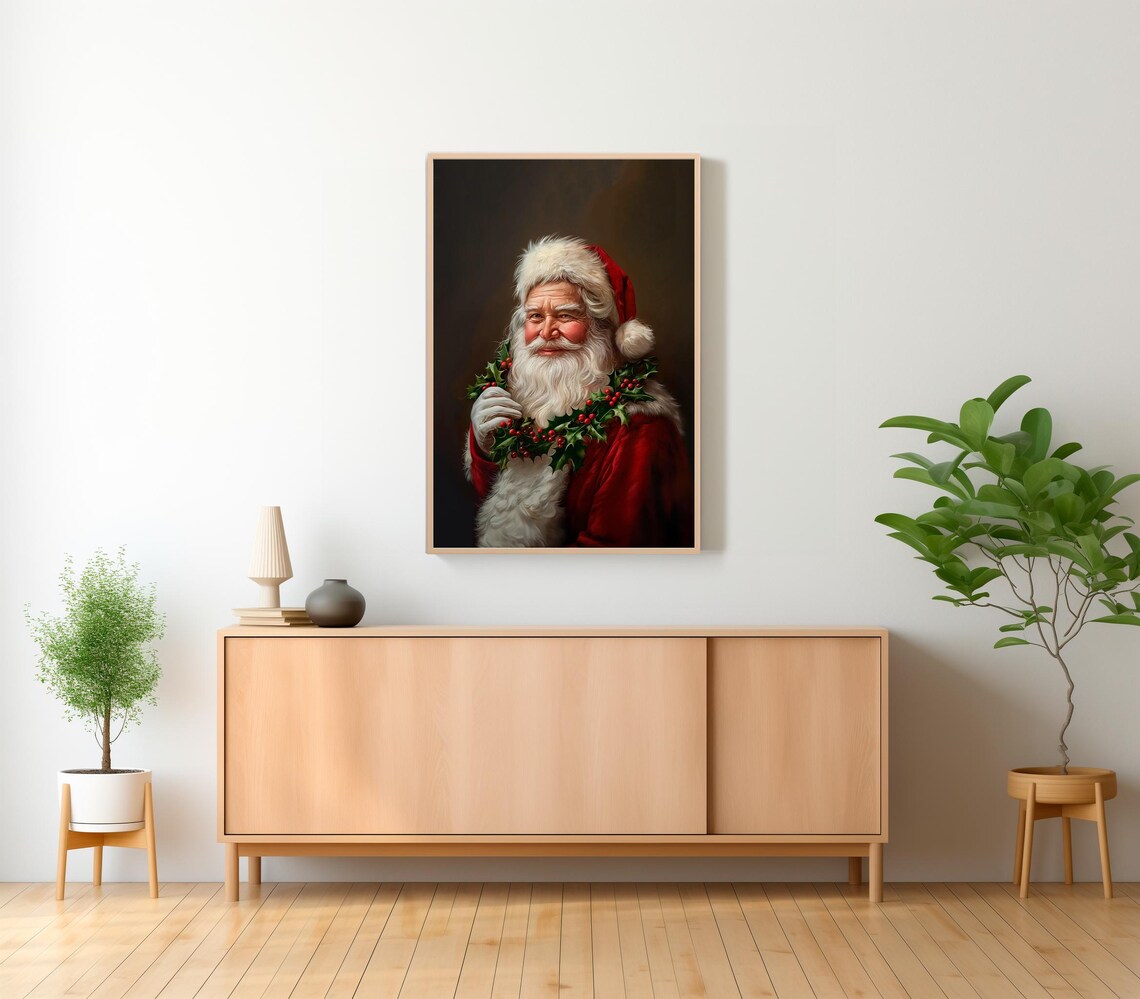 Santa Wearing Holly Garland Vintage Christmas Painting Poster - Image 2