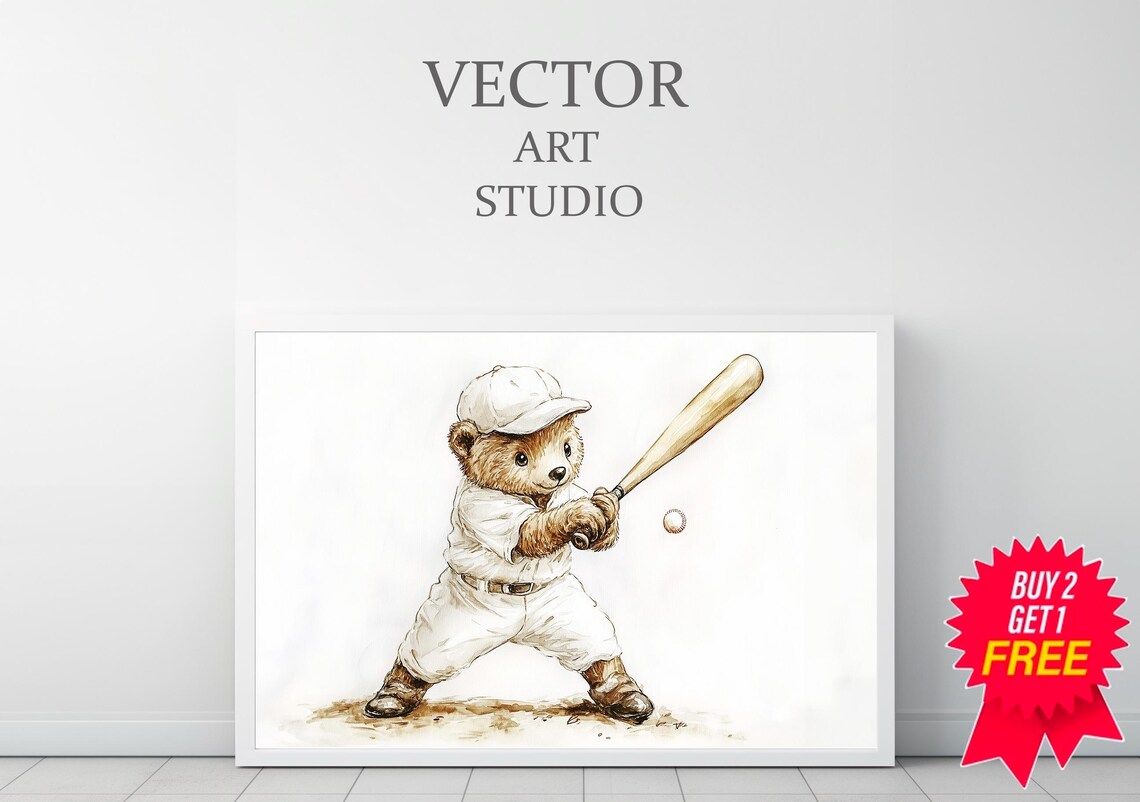 Teddy Bear Batter Mid Swing with Ball Baseball Nursery Poster - Image 3
