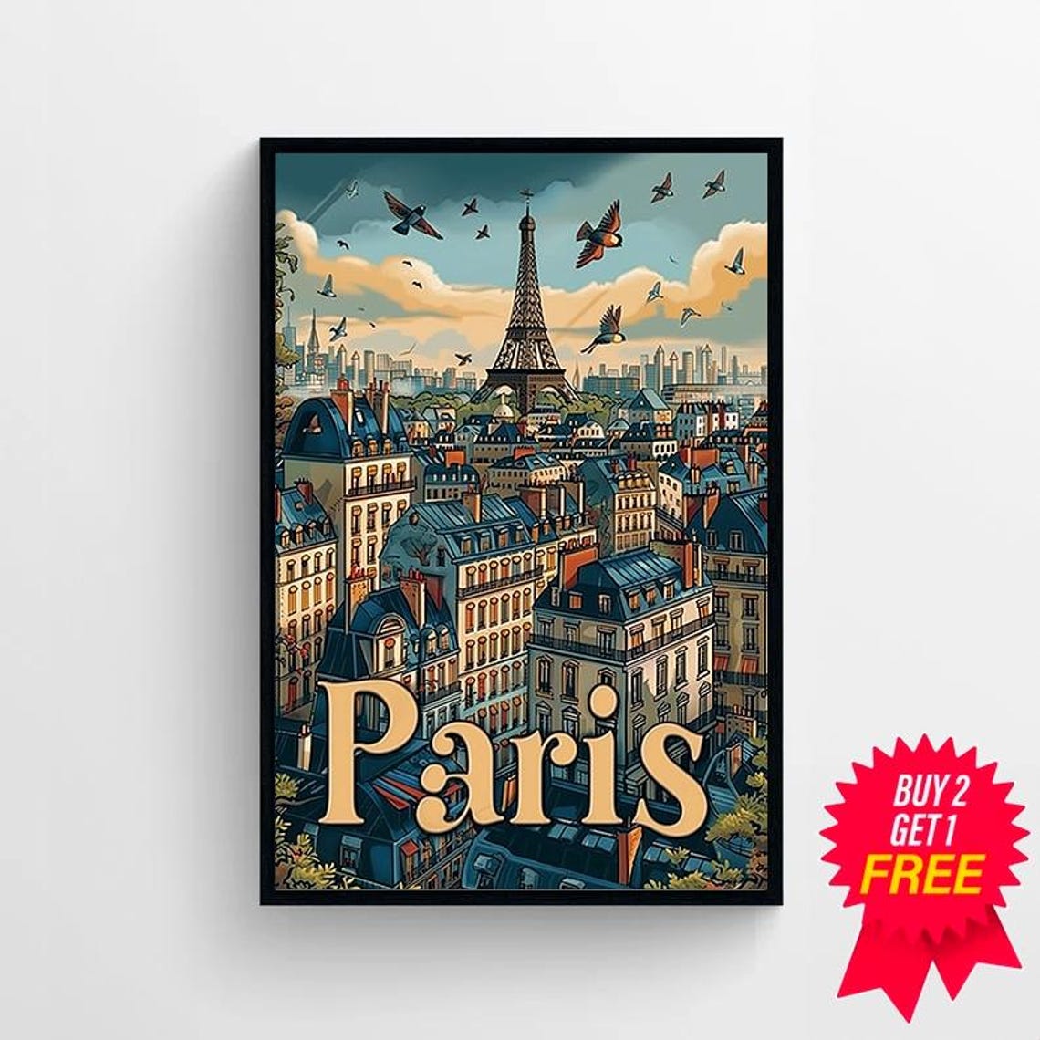 Paris Eiffel Tower And Rooftops At Dusk Vintage Travel Poster - Image 4