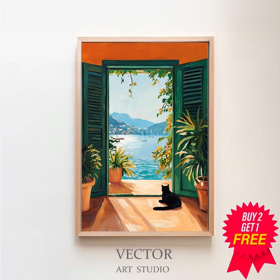 Black Cat Sitting by an Open Window Overlooking the Sea Poster