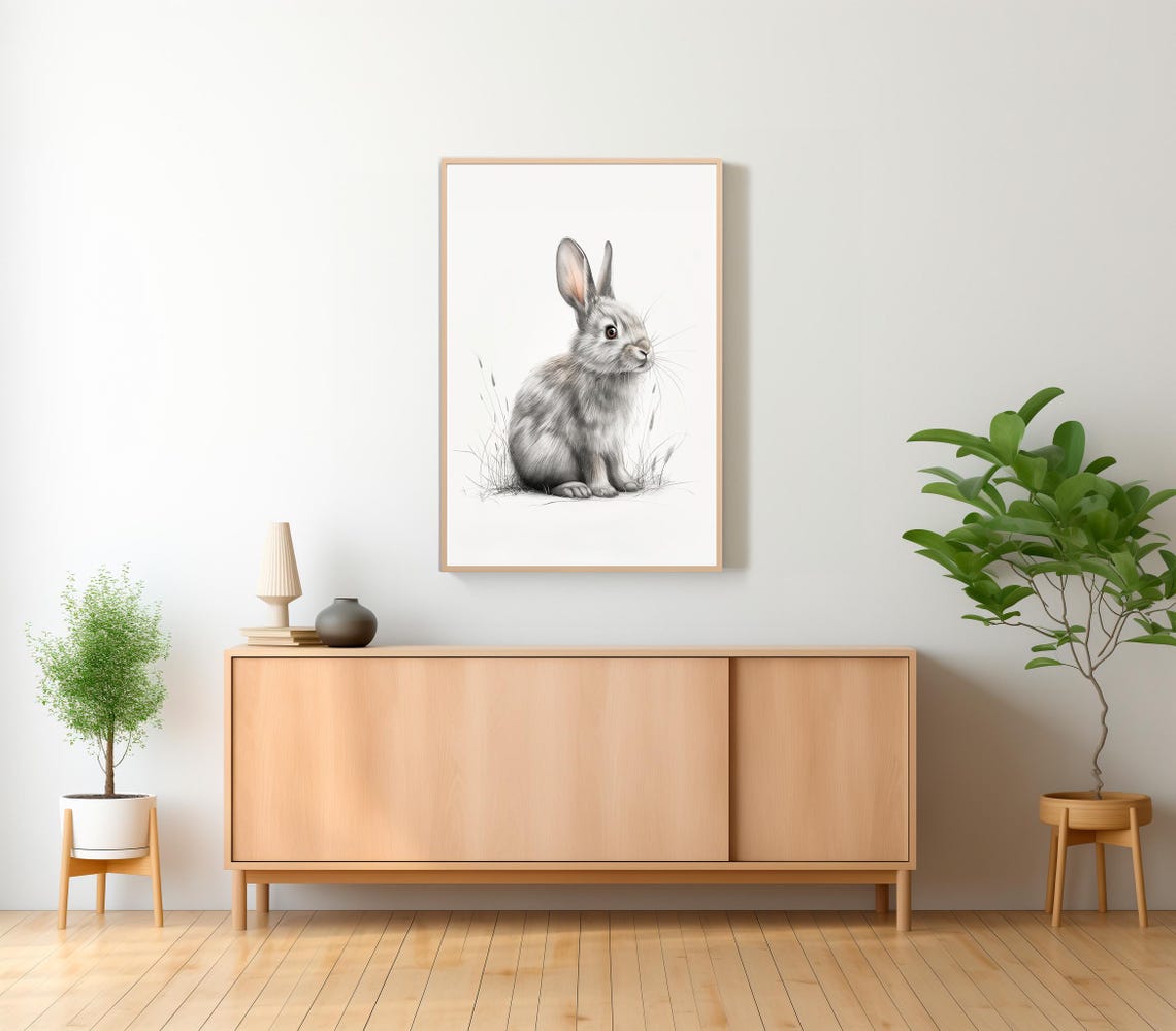 Grey Bunny Sketch Sitting In Grass Minimalist Pencil Rabbit Poster - Image 2