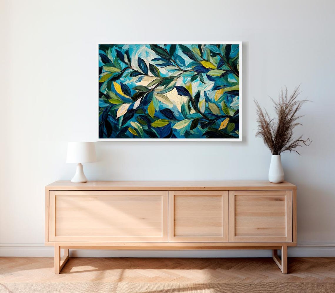 Abstract Blue and Green Leaf Branches Bold Impasto Style Art Poster - Image 2