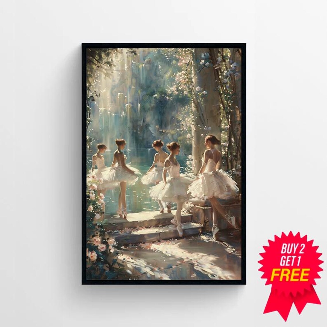 Six Ballerinas Dancing by a Sunlit Garden Fountain Oil Painting Poster - Image 4