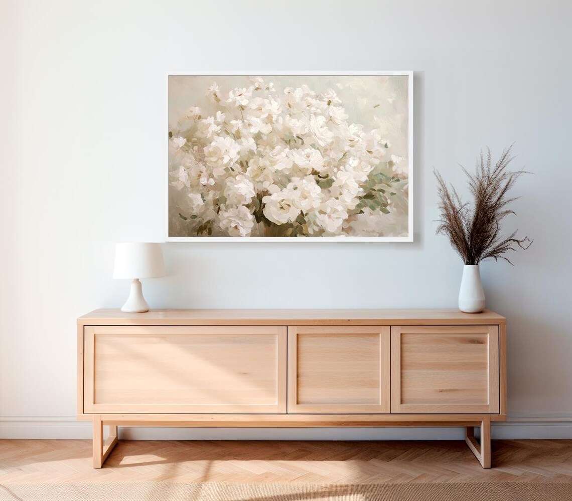 White Floral Oil Painting Soft Neutral Botanical Decor Art Print - Image 2