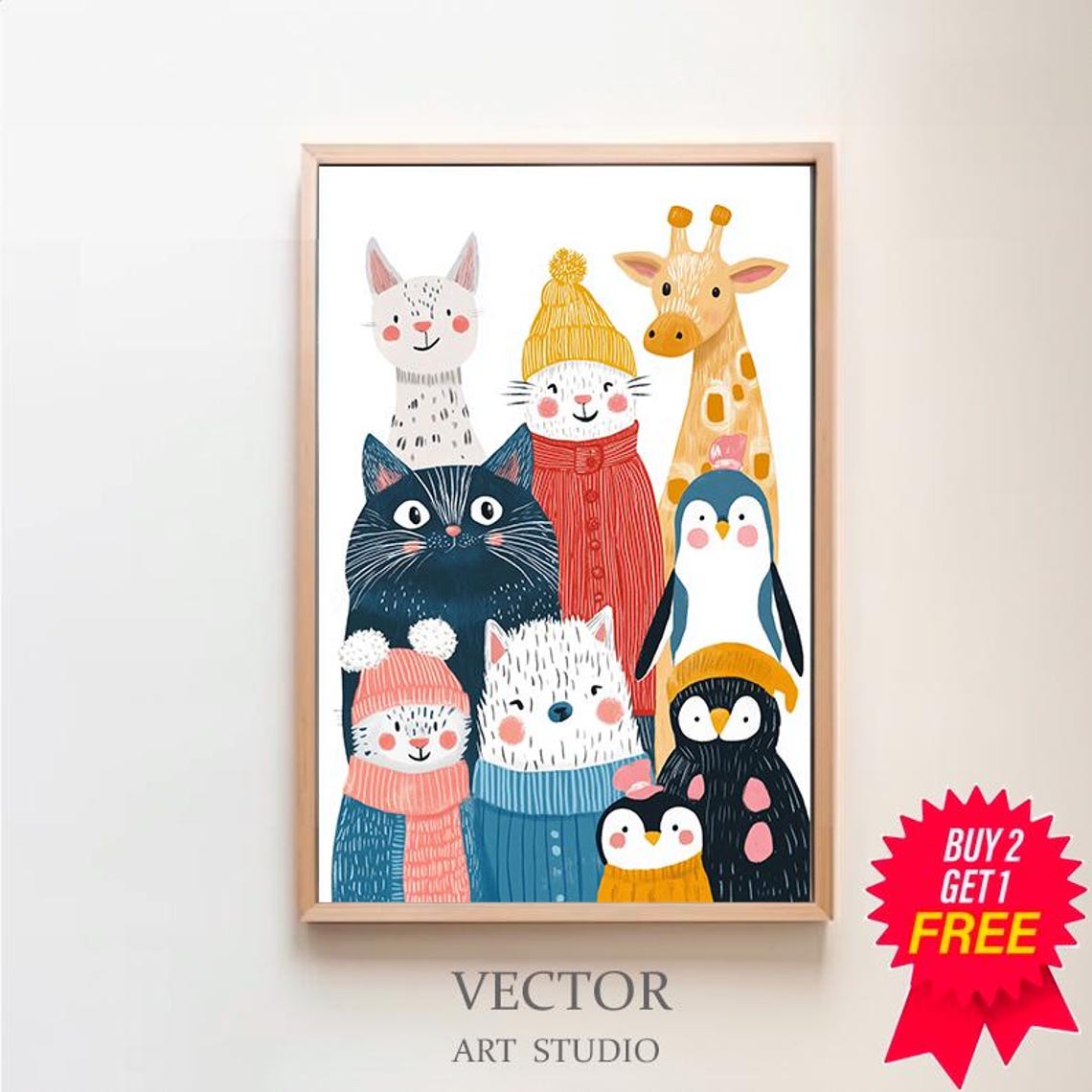 Cute Cartoon Animals Bundled in Winter Sweaters Kids Room Wall Art