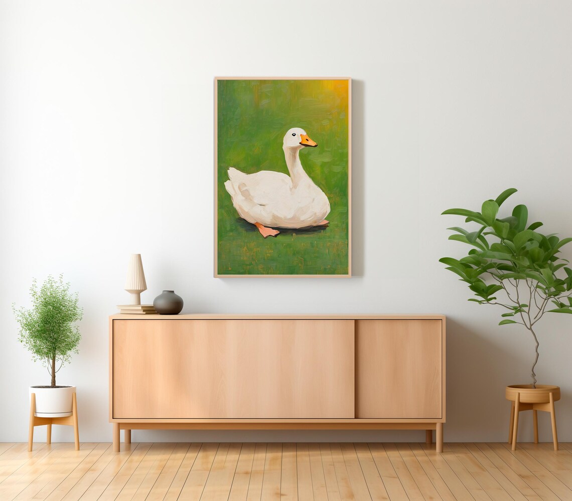 White Goose Sitting on Vivid Green Oil Painting Nursery Poster - Image 2
