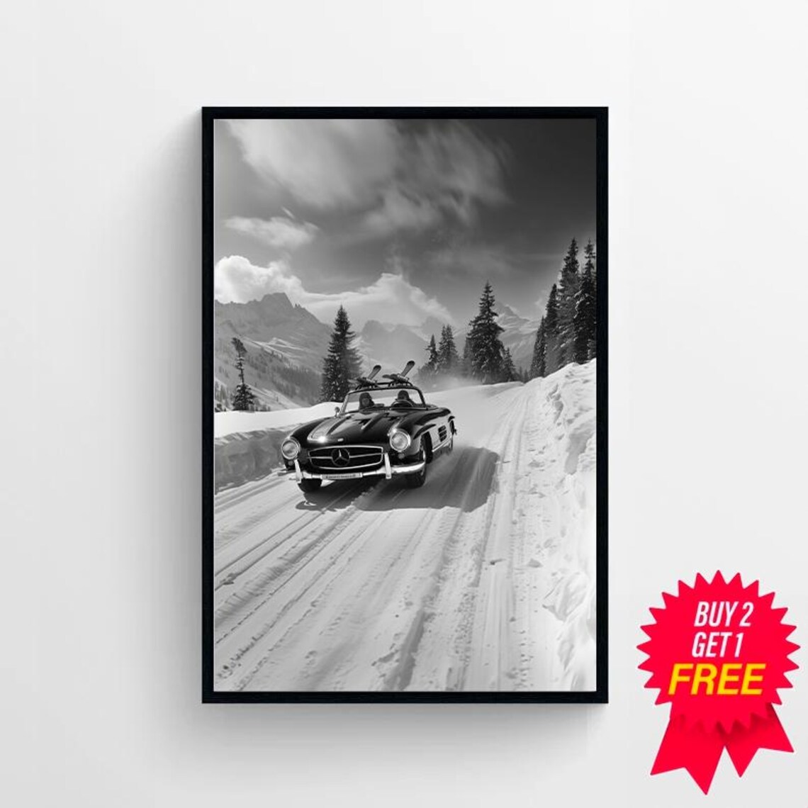 Vintage Mercedes Convertible Driving Snowy Mountain Road Poster - Image 4