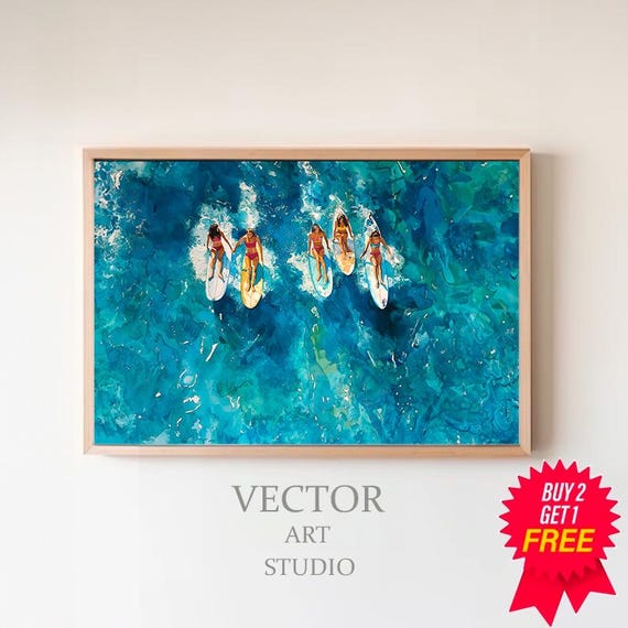 Pink Coastal Beach Wall Art Surfboard Girly Print Watercolor Painting Pink Summer Prints Surfer Girls Seascape Ocean