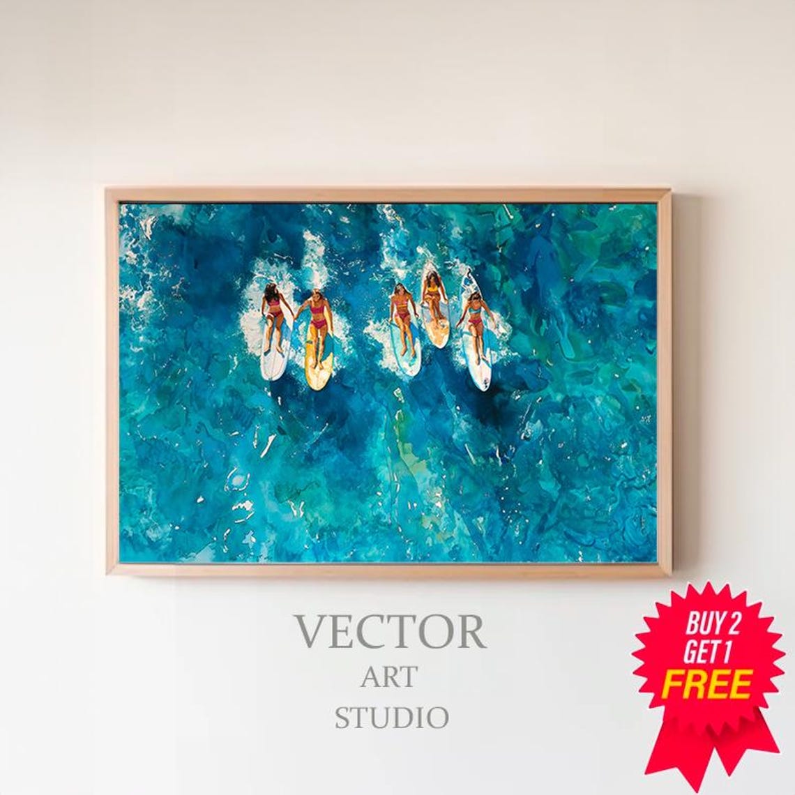 Six Surfers Paddling Together Turquoise Waves Aerial Coastal Poster