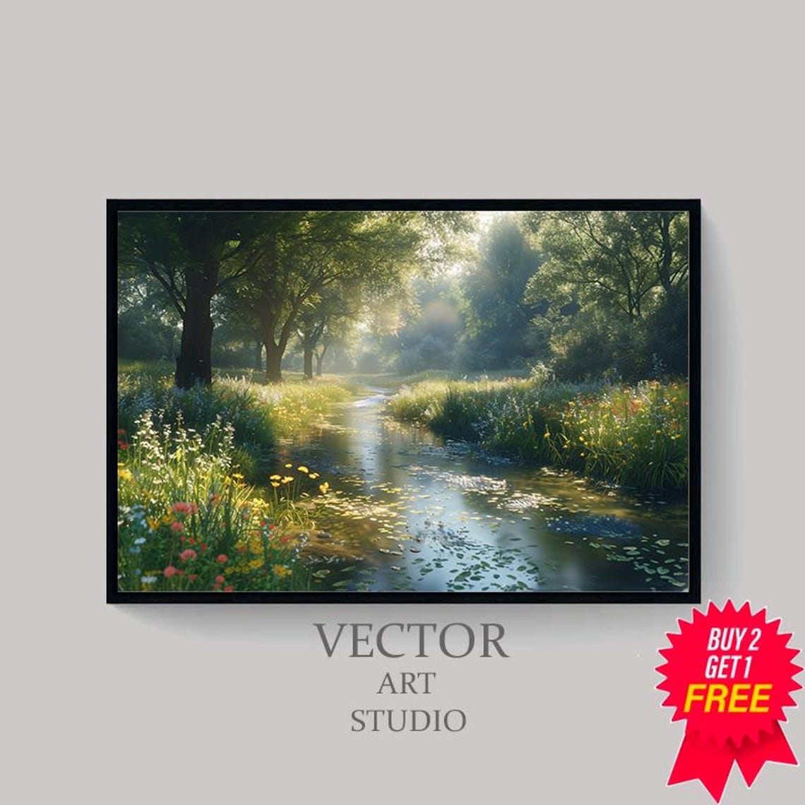Sunlit Forest Stream With Colorful Wildflowers Landscape Art Poster - Image 4