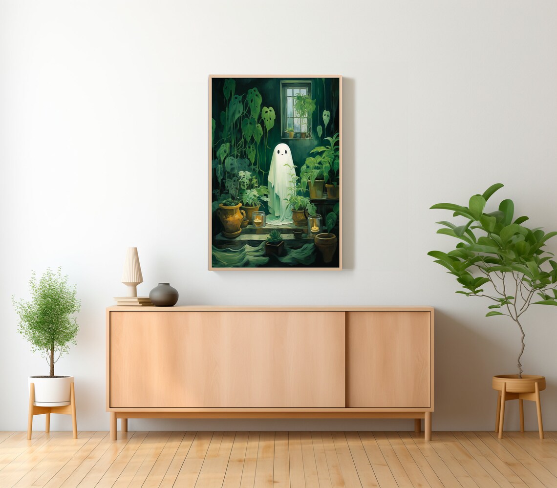 Ghost Standing Among Potted Plants With Lit Candles Halloween Poster - Image 2