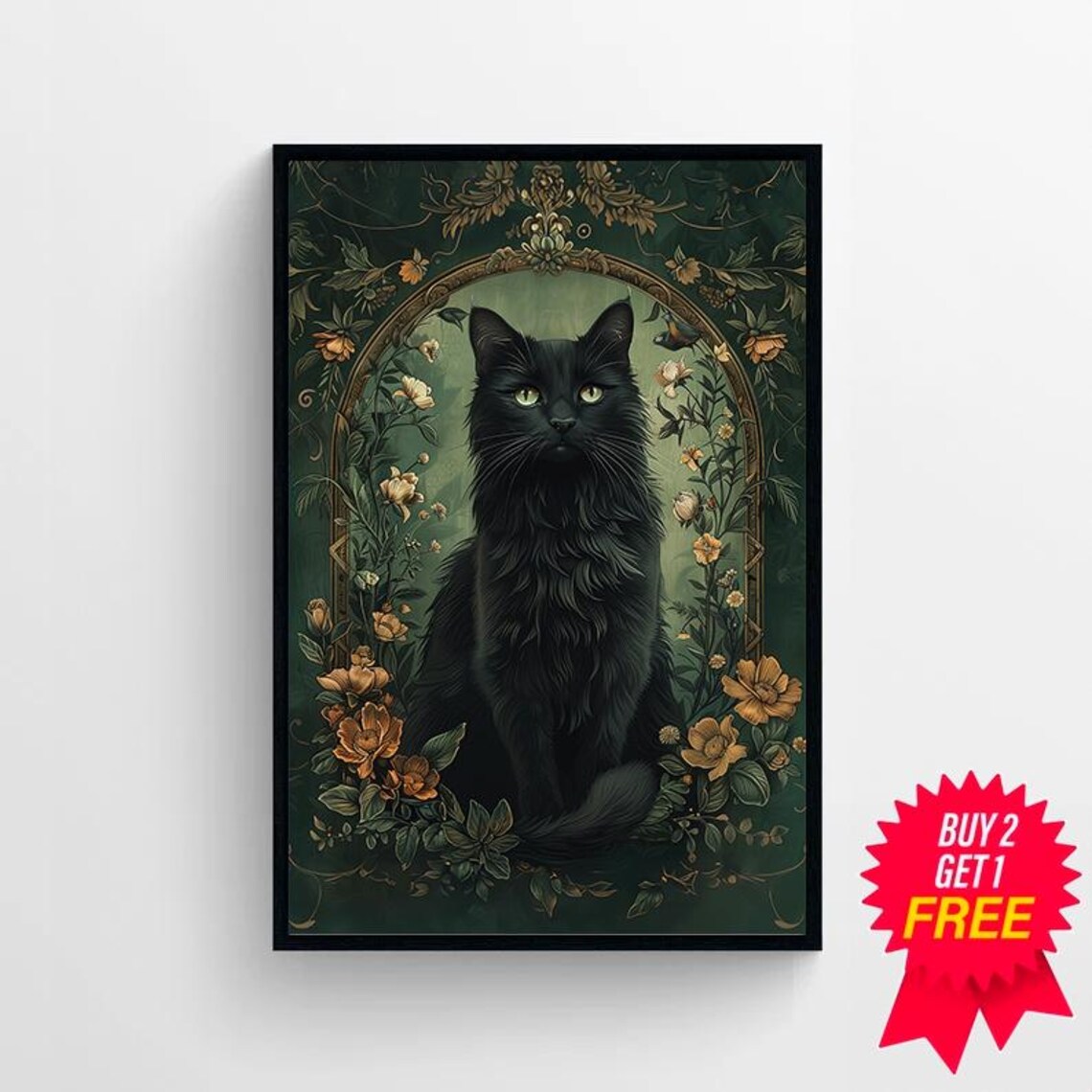 Black Cat with Green Eyes in Floral Arch Vintage Botanical Poster - Image 4