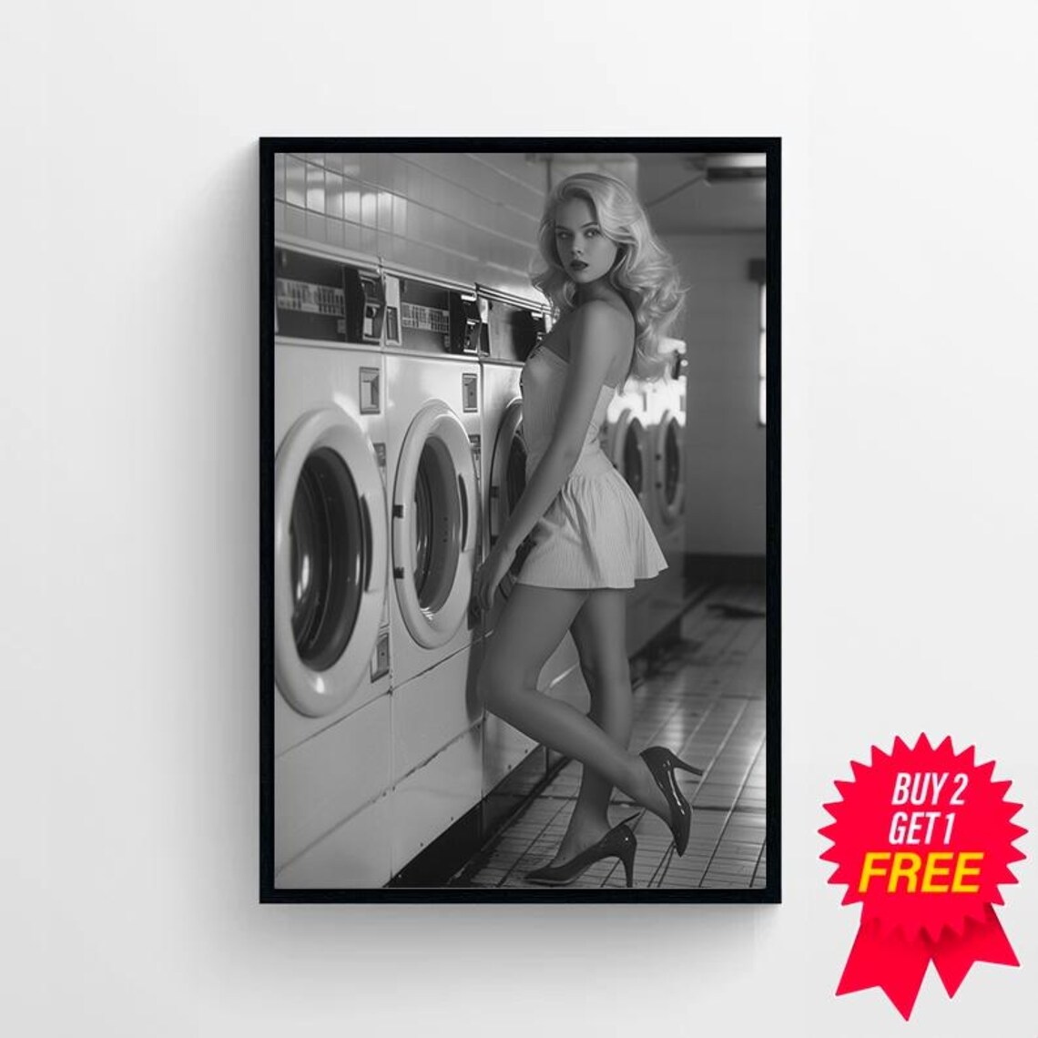 Retro Blonde Pin Up Woman Posing by Washing Machines Laundromat Poster - Image 4